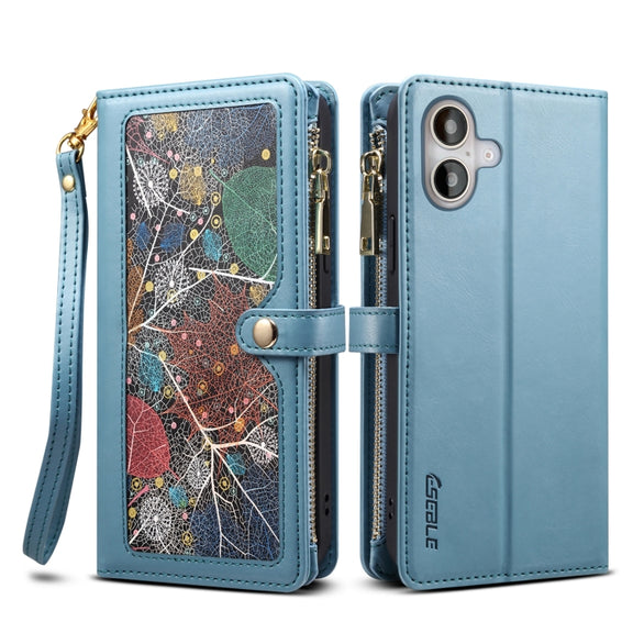 For iPhone 16 ESEBLE Star Series Lanyard Zipper Wallet RFID Leather Case(Blue)