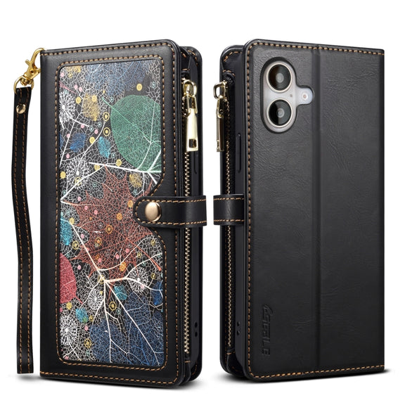 For iPhone 16 ESEBLE Star Series Lanyard Zipper Wallet RFID Leather Case(Black)