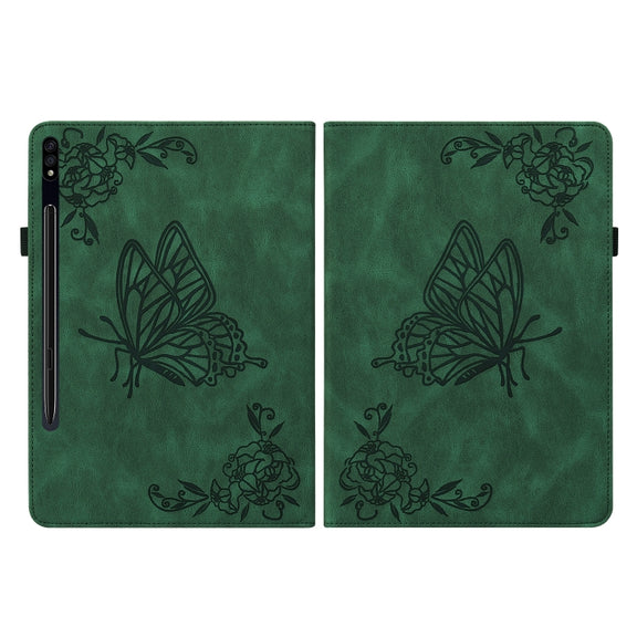 For Samsung Galaxy Tab S9 Butterfly Flower Embossed Leather Tablet Case(Green)