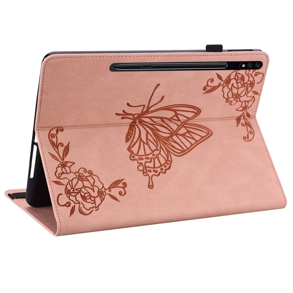 For Samsung Galaxy Tab S9 Butterfly Flower Embossed Leather Tablet Case(Rose Gold)