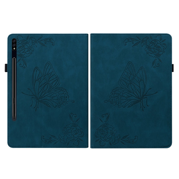 For Samsung Galaxy Tab S9+ Butterfly Flower Embossed Leather Tablet Case(Blue)