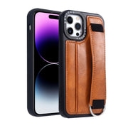 For iPhone 14 Pro Photo Frame Card Wallet Wrist Strap Holder Back Cover Phone Case(Brown)