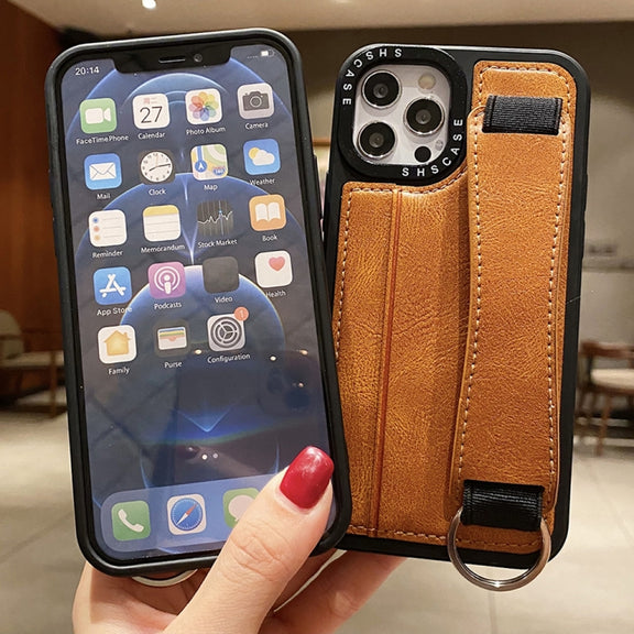 For iPhone 14 Pro Photo Frame Card Wallet Wrist Strap Holder Back Cover Phone Case(Brown)