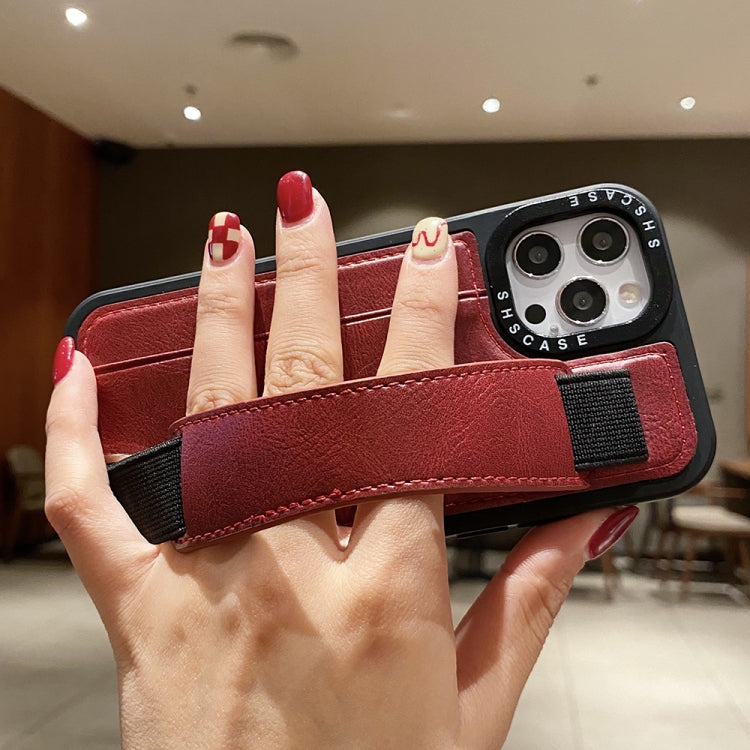For iPhone 14 Pro Photo Frame Card Wallet Wrist Strap Holder Back Cover Phone Case(Brown)