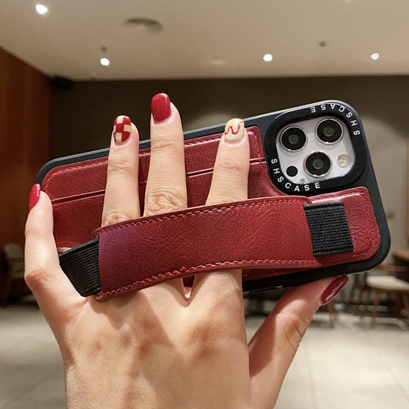 For iPhone 14 Pro Photo Frame Card Wallet Wrist Strap Holder Back Cover Phone Case(Brown)
