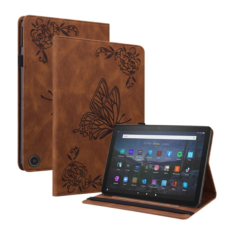 For Amazon Fire Max 11 Butterfly Flower Embossed Leather Tablet Case(Brown)