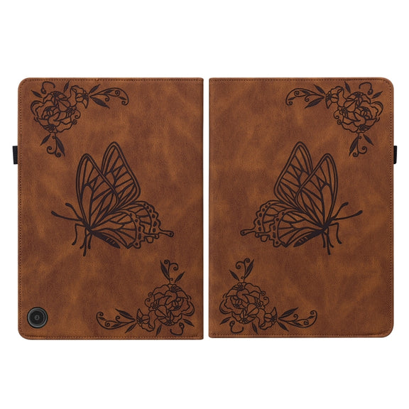For Amazon Fire Max 11 Butterfly Flower Embossed Leather Tablet Case(Brown)