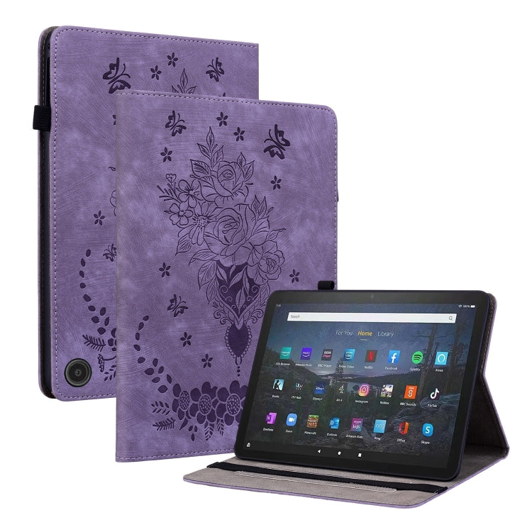 For Amazon Fire Max 11 Butterfly Rose Embossed Leather Tablet Case(Purple)