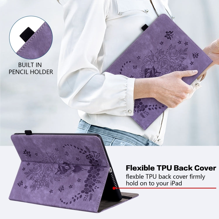 For Amazon Fire HD 10 2023 Butterfly Rose Embossed Leather Tablet Case(Purple)