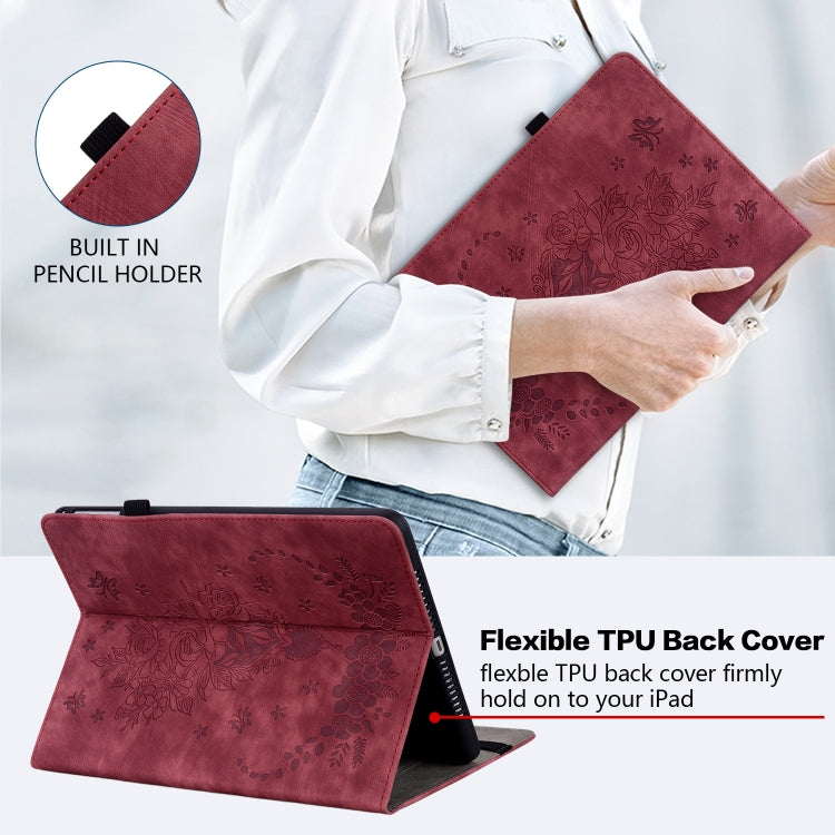 For Amazon Fire HD 10 2023 Butterfly Rose Embossed Leather Tablet Case(Red)