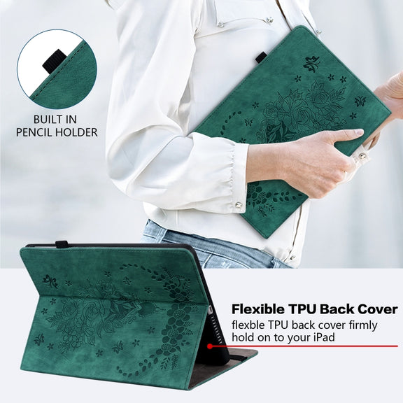 For Amazon Fire HD 10 2023 Butterfly Rose Embossed Leather Tablet Case(Green)