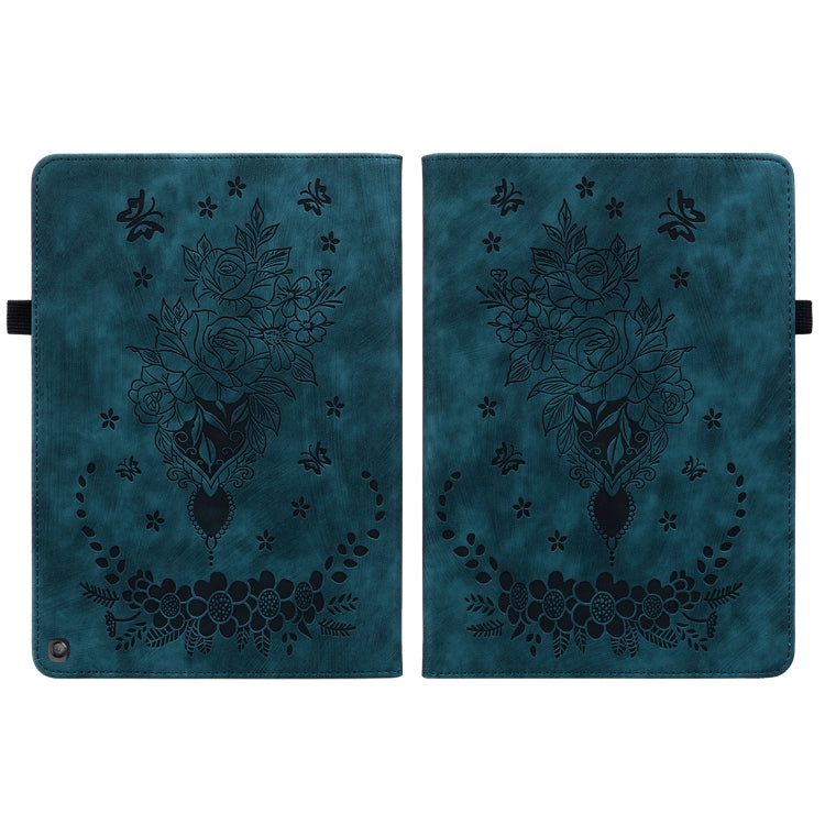 For Amazon Fire HD 10 2023 Butterfly Rose Embossed Leather Tablet Case(Dark Blue)