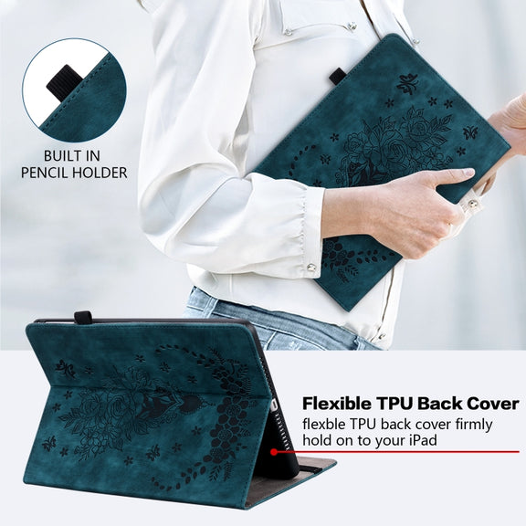 For Amazon Fire HD 10 2023 Butterfly Rose Embossed Leather Tablet Case(Dark Blue)