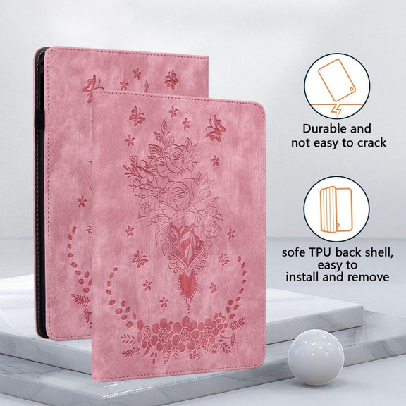 For Amazon Kindle Paperwhite 5 2024 Butterfly Rose Embossed Leather Tablet Case(Pink)