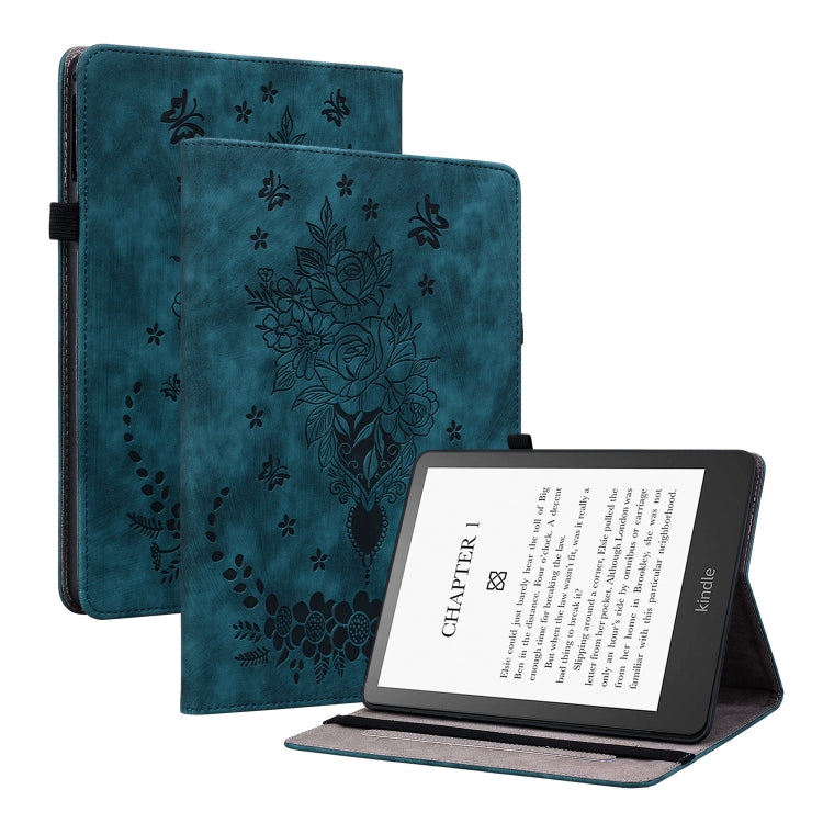 For Amazon Kindle Paperwhite 5 2023 2024 Butterfly Rose Embossed Leather Tablet Case(Dark Blue)
