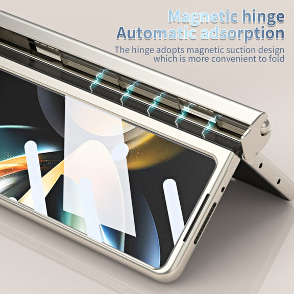 For Samsung Galaxy Z Fold5 Electroplating Corrugated Hinge Folding Phone Case with Pen Slot(Gold)