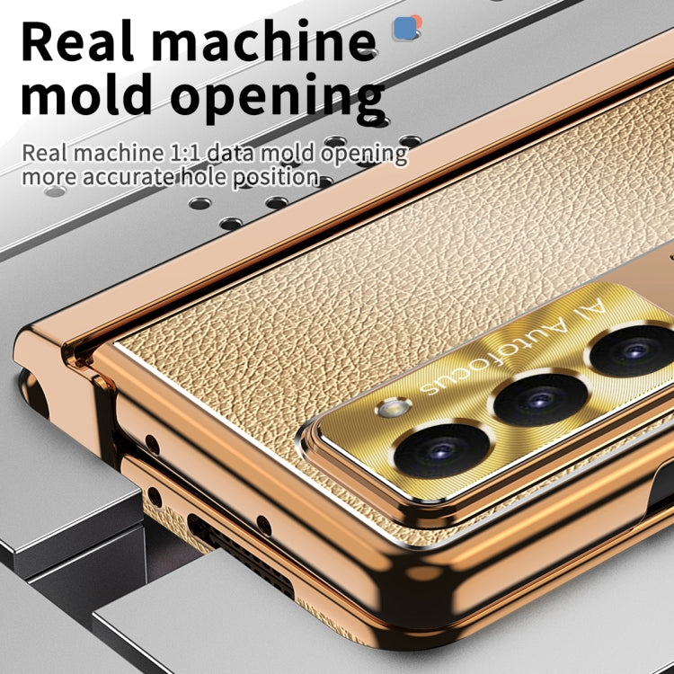 For Samsung Galaxy Z Fold5 Litchi Pattern Magnetic Shell Film Integrated Shockproof Phone Case(Gold)
