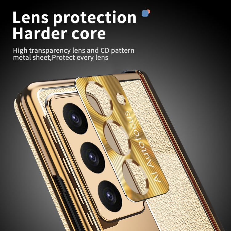 For Samsung Galaxy Z Fold5 Litchi Pattern Magnetic Shell Film Integrated Shockproof Phone Case(Gold)
