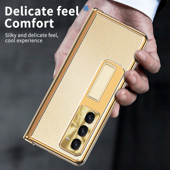 For Samsung Galaxy Z Fold5 Litchi Pattern Magnetic Shell Film Integrated Shockproof Phone Case(Gold)