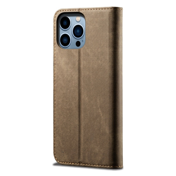 For iPhone 16 Pro Max Denim Texture Casual Style Horizontal Flip Leather Case(Khaki)