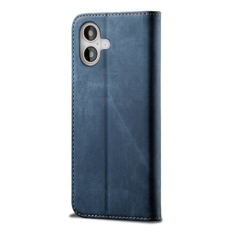 For iPhone 16 Plus Denim Texture Casual Style Horizontal Flip Leather Case(Blue)