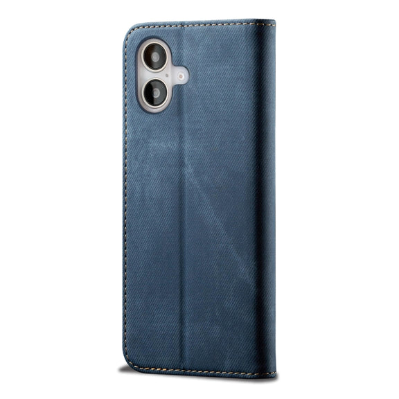 For iPhone 16 Plus Denim Texture Casual Style Horizontal Flip Leather Case(Blue)