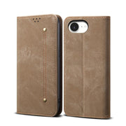 For iPhone 16e Denim Texture Casual Style Horizontal Flip Leather Case(Khaki)