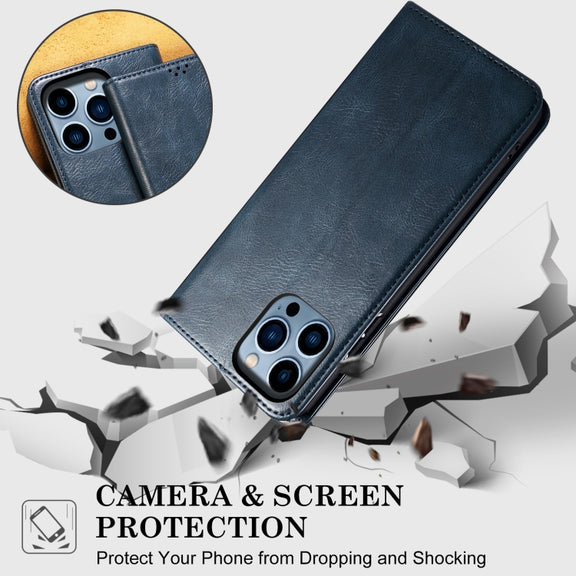 For iPhone 16 Plus Oil Wax Crazy Horse Texture Leather Phone Case(Blue)