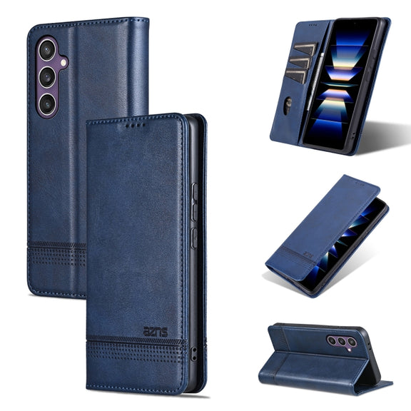 For Samsung Galaxy S24 5G AZNS Magnetic Calf Texture Flip Leather Phone Case(Dark Blue)