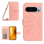 For Google Pixel 9 Pro Skin Feel Sun Flower Embossed Flip Leather Phone Case with Lanyard(Pink)