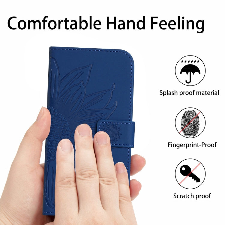 For Google Pixel 9 Skin Feel Sun Flower Embossed Flip Leather Phone Case with Lanyard(Dark Blue)