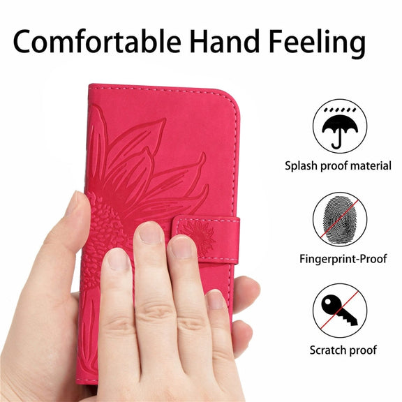 For Google Pixel 9 Skin Feel Sun Flower Embossed Flip Leather Phone Case with Lanyard(Rose Red)