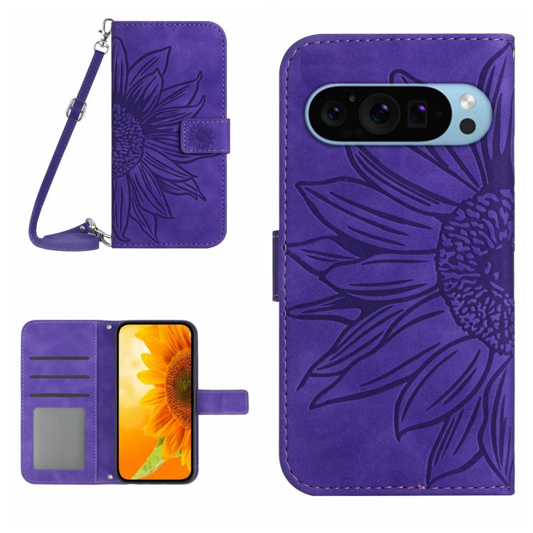 For Google Pixel 9 Skin Feel Sun Flower Embossed Flip Leather Phone Case with Lanyard(Dark Purple)