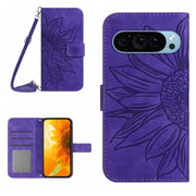 For Google Pixel 9 Skin Feel Sun Flower Embossed Flip Leather Phone Case with Lanyard(Dark Purple)