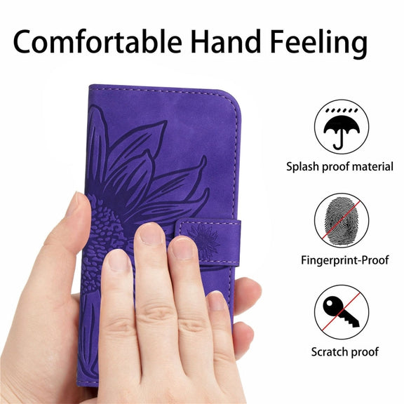 For Google Pixel 9 Skin Feel Sun Flower Embossed Flip Leather Phone Case with Lanyard(Dark Purple)