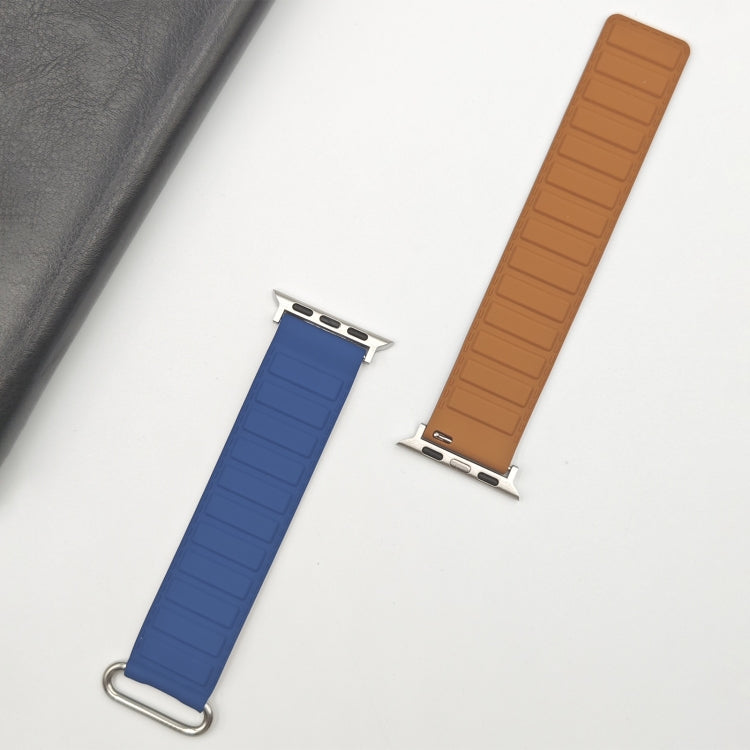 For Apple Watch SE 44mm Reverse Buckle Magnetic Silicone Watch Band(Silver Buckle Blue)