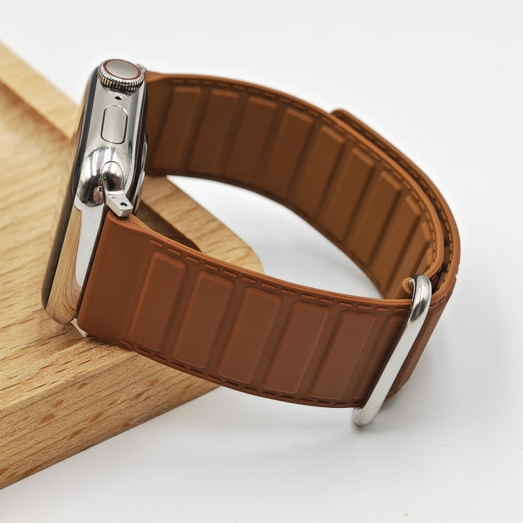 For Apple Watch Series 2 38mm Reverse Buckle Magnetic Silicone Watch Band(Silver Buckle Brown)