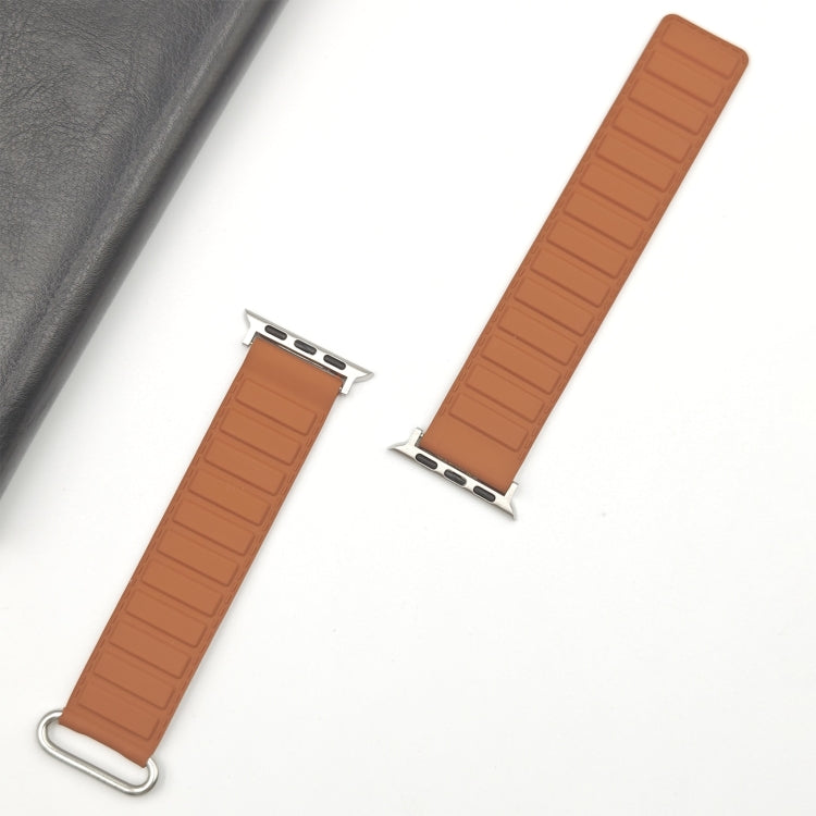 For Apple Watch 38mm Reverse Buckle Magnetic Silicone Watch Band(Silver Buckle Brown)