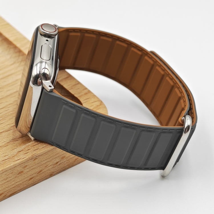 For Apple Watch 38mm Reverse Buckle Magnetic Silicone Watch Band(Silver Buckle Grey Brown)