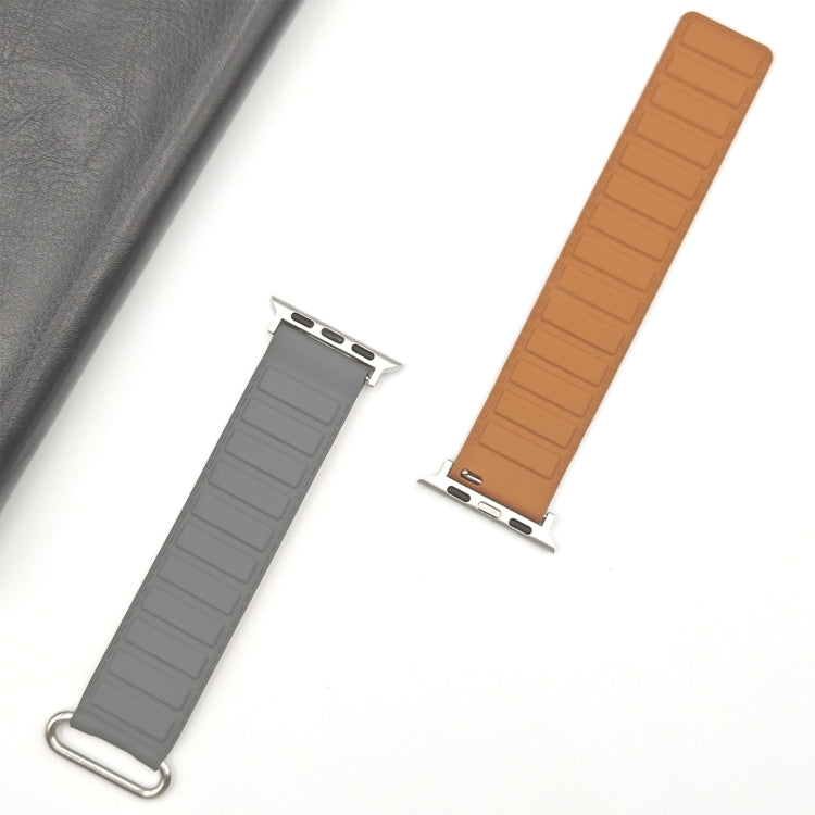 For Apple Watch 42mm Reverse Buckle Magnetic Silicone Watch Band(Silver Buckle Grey Brown)
