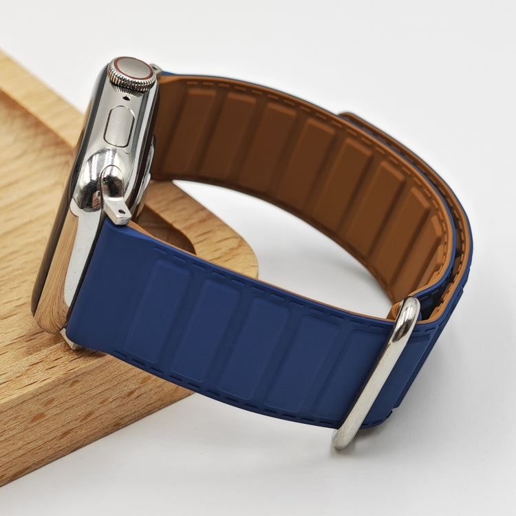 For Apple Watch 42mm Reverse Buckle Magnetic Silicone Watch Band(Silver Buckle Blue)