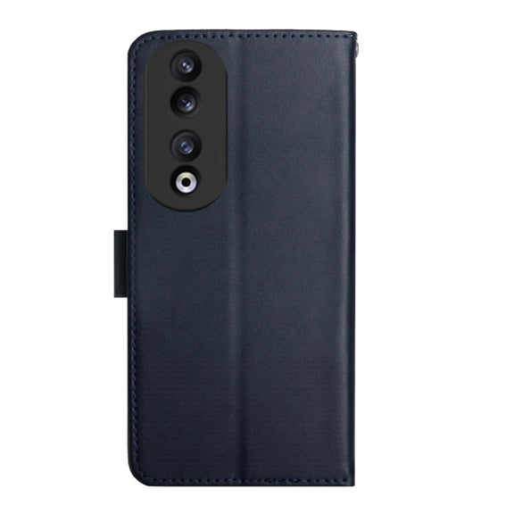 For Honor 90 HT02 Genuine Leather Fingerprint-proof Flip Phone Case(Blue)