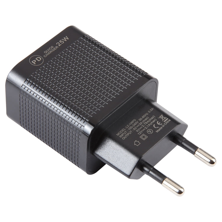 LZ-106PD 25W USB-C / Type-C Ports Plaid Pattern Travel Charger, EU Plug(Black)