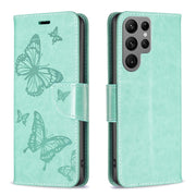 For Samsung Galaxy S24 Ultra 5G Embossing Two Butterflies Pattern Leather Phone Case(Green)