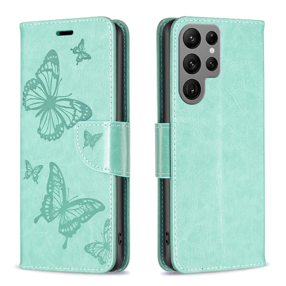 For Samsung Galaxy S24 Ultra 5G Embossing Two Butterflies Pattern Leather Phone Case(Green)