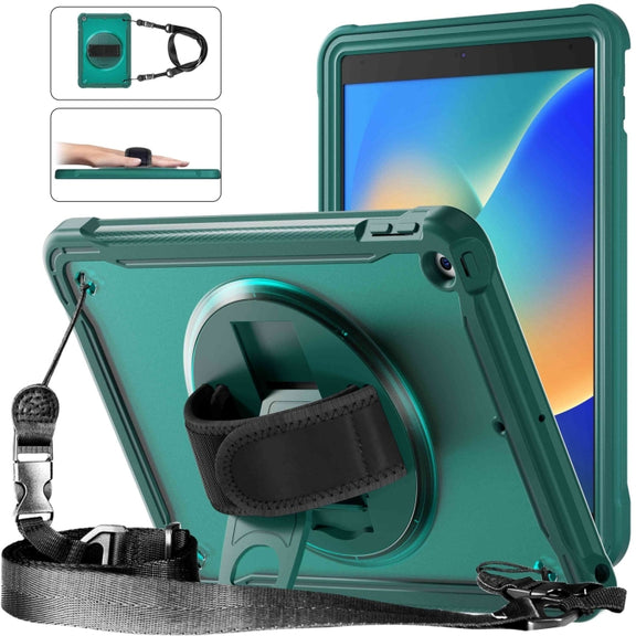 For iPad 10.2 2021 / 2020 / 2019 Heavy Duty Hybrid Tablet Case with Handle & Strap(Dark Green)