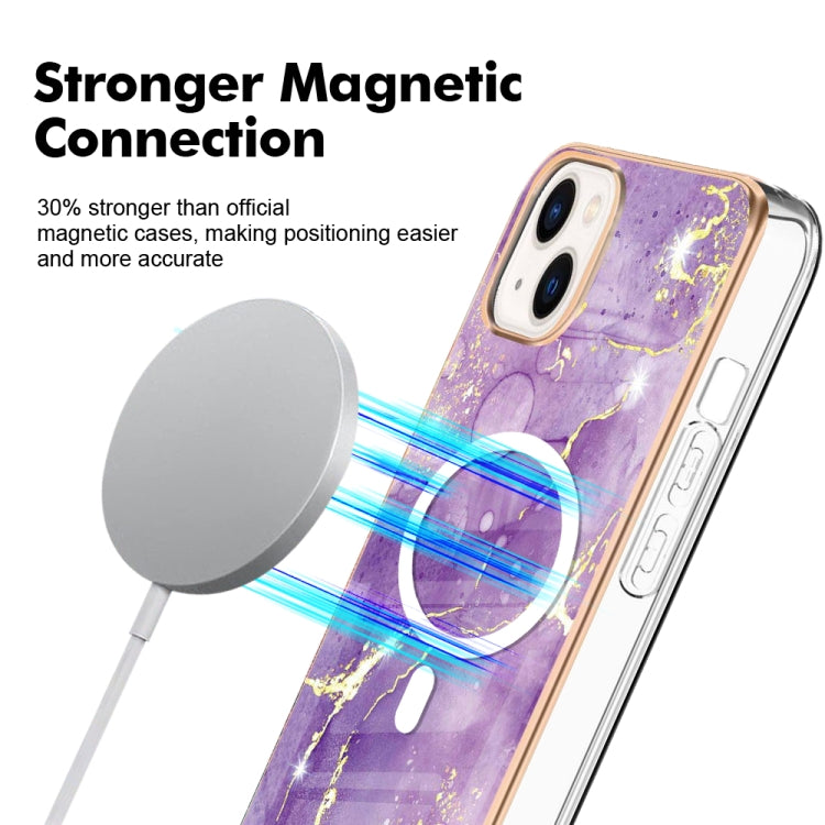For iPhone 15 Plus Marble Pattern Dual-side IMD Magsafe TPU Phone Case(Purple 002)