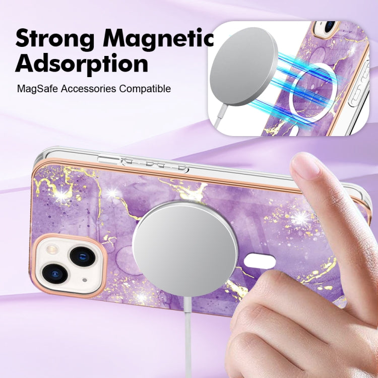 For iPhone 15 Plus Marble Pattern Dual-side IMD Magsafe TPU Phone Case(Purple 002)