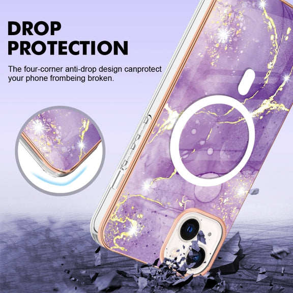 For iPhone 15 Plus Marble Pattern Dual-side IMD Magsafe TPU Phone Case(Purple 002)