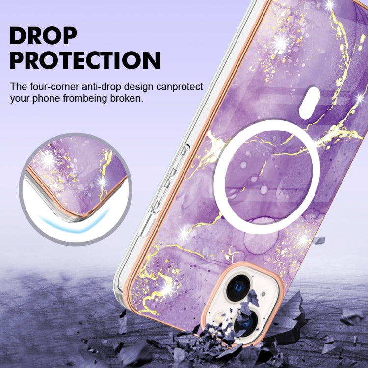 For iPhone 15 Plus Marble Pattern Dual-side IMD Magsafe TPU Phone Case(Purple 002)